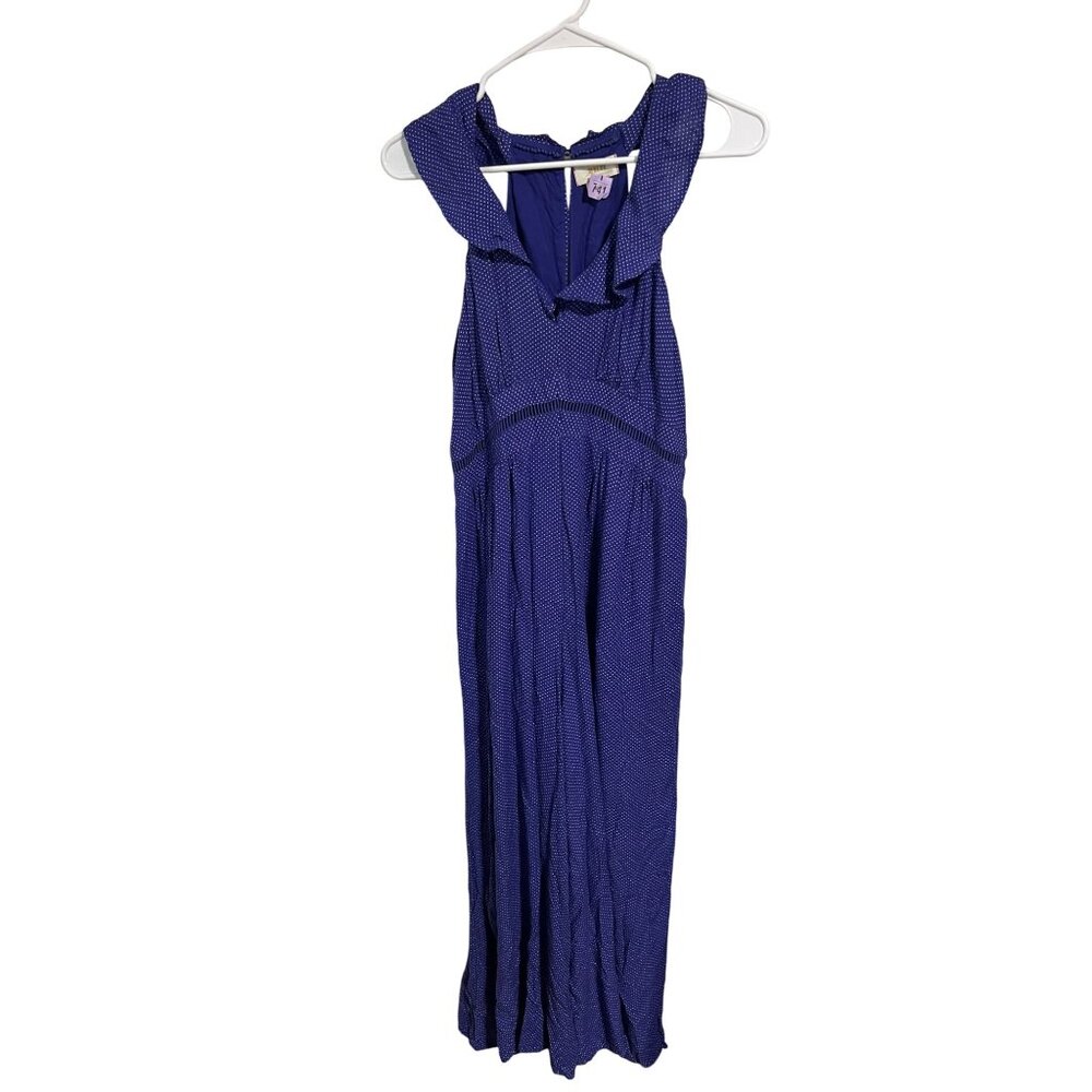 Maeve By Anthropologie Blue Polka Dot Jumpsuit With Ruffle Collar & Sleeveless